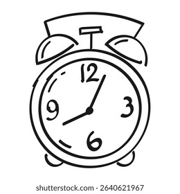 Alarm clock. Contour, abstract drawing by hand, doodle. Black on white background, vector.