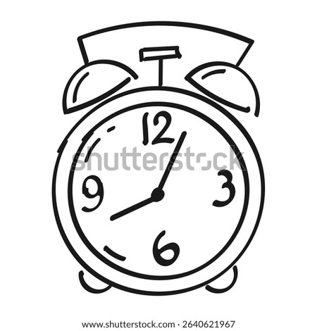 Alarm clock. Contour, abstract drawing by hand, doodle. Black on white background, vector.