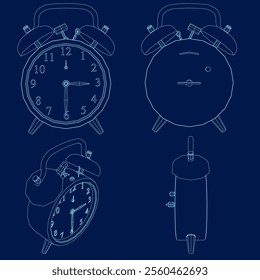 Alarm Clock contour set. Wake Up Time Vector Design on blue Background. Vector illustration