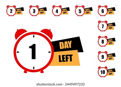 Alarm clock countdown sequence. One day left highlight. Time-sensitive alert. Vector illustration. EPS 10.