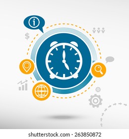 Alarm clock and creative design elements. Flat design concept