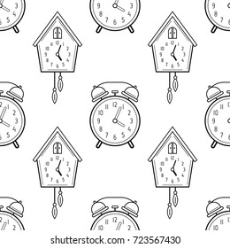 Alarm clock and cuckoo clock. Black and white seamless pattern for coloring books, pages.