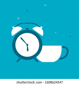 Alarm clock and cup of coffee, good morning time, the beginning of the day. Vector illustration isolated on background