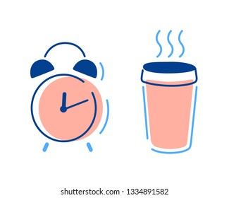 Alarm clock and cup of hot coffee. Good morning, work week concept. Flat vector icons. Doodles in modern outline style by pink and blue colors
