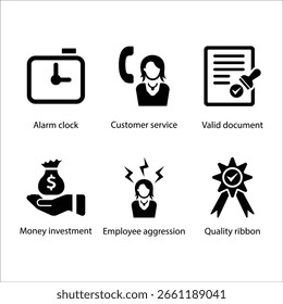 Alarm clock, Customer service, Valid document, Money investment, Employee aggression, Quality ribbon, icon