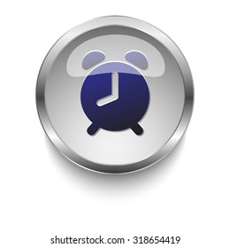 Alarm Clock dark blue vector icon on a glossy glass button with chrome on white background