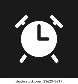 Alarm clock dark mode glyph ui icon. Wake up in morning routine. User interface design. White silhouette symbol on black space. Solid pictogram for web, mobile. Vector isolated illustration