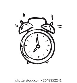 Design do relógio de alarme em textura de traçado de pincel preto isolado em branco. Ilustração de esboço de vetor desenhado à mão em tinta de carvão vegetal. Conceito de acordar, ir à escola, rotina matinal.