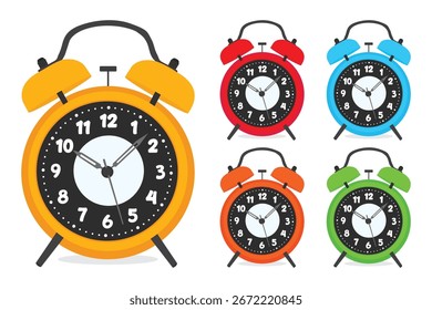 Alarm Clock Different Color Yellow, Red, Orange, Blue, Green, Vector Icons Design 