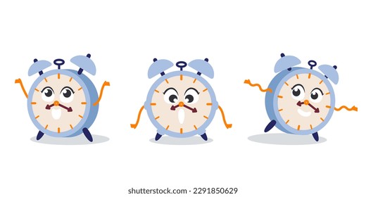Reloj de alarma en diferentes poses. Carácter ficticio al estilo de las caricaturas.
