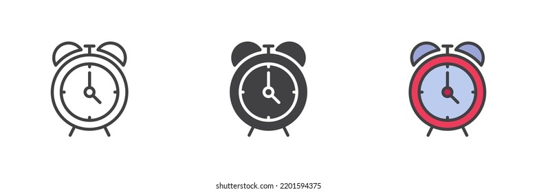 Alarm clock different style icon set. Line, glyph and filled outline colorful version, outline and filled vector sign. Symbol, logo illustration. Vector graphics