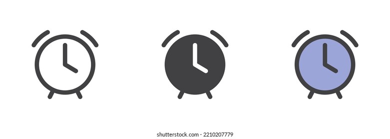 Reloj de alarma con un conjunto de iconos de estilo diferente. Línea, glifo y contorno relleno versión colorida, contorno y signo vectorial relleno. Símbolo, ilustración del logotipo. Gráficos vectoriales
