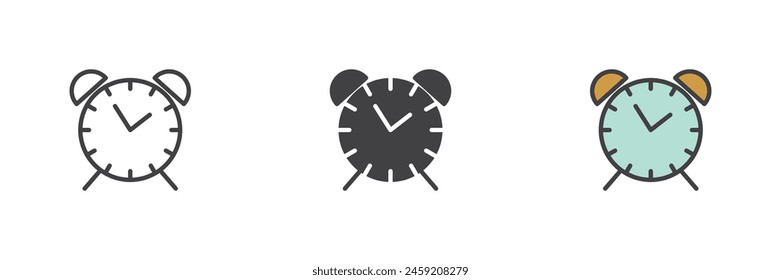 Despertador de reloj de estilo diferente conjunto de iconos. Línea, glifo y contorno relleno versión colorida, contorno y Vector relleno signo. Símbolo, ilustración del logotipo. Vector gráfico