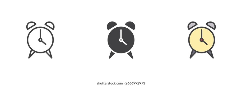 Alarm clock different style icon set. Line, glyph and filled outline colorful version, outline and filled vector sign. Symbol, logo illustration. Vector graphics.