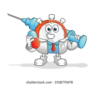 alarm clock doctor holding medichine and injection vector. cartoon character