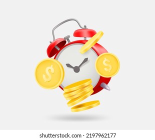 Reloj de alarma con monedas en dólares. El tiempo es concepto de dinero. Ilustración aislada vectorial 3