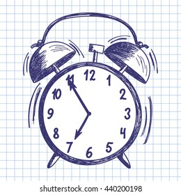 Alarm clock. Doodle sketch on checkered paper background. Vector illustration.