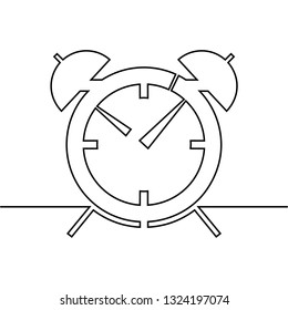 The alarm clock is drawn by one line on a white background. Single line drawing. Continuous line. Vector