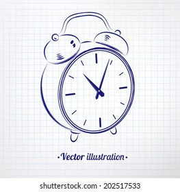  Alarm clock drawn on notebook checkered paper. Vector illustration. isolated.