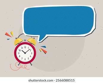 Alarm clock with a empty speech bubble. Modern collage style. Vector illustration