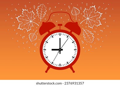 Alarm clock with fallen leaves and raindrops over red background. Concept of autumn onset and seasonal specifics