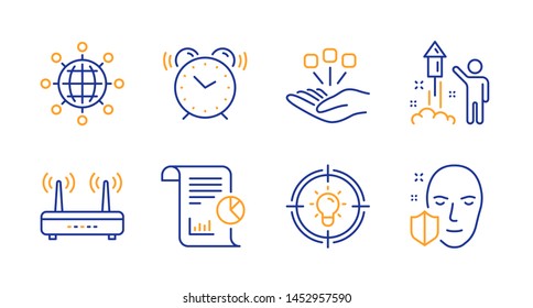 Alarm clock, Fireworks and Consolidation line icons set. Report, Wifi and Idea signs. International globe, Face protection symbols. Time, Party pyrotechnic. Science set. Line alarm clock icon. Vector