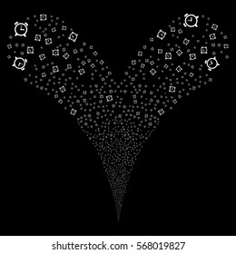 Alarm Clock fireworks stream. Vector illustration style is flat white iconic symbols on a black background. Object double fountain constructed from random design elements.