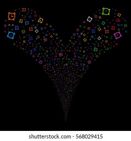 Alarm Clock fireworks stream. Vector illustration style is flat bright multicolored iconic symbols on a black background. Object double fountain created from random design elements.