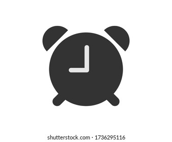 Alarm clock in flat design with black color. Timer or watch reminder in simple style. Isolated icon of stopwatch in classic design. 9 am time. Morning time. Vector EPS 10.