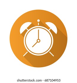 Alarm clock flat design long shadow glyph icon. Vector silhouette illustration