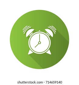 Alarm clock flat design long shadow glyph icon. Vector silhouette illustration
