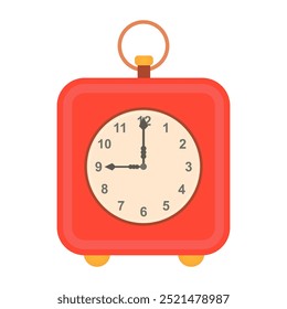 Alarm clock in flat design. Retro red timer in square shape with ring. Vector illustration isolated.