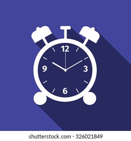 Alarm clock flat icon with long shadow. Vector Illustration