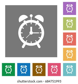 Alarm clock flat icons on simple color square backgrounds