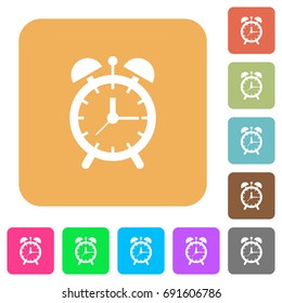 Alarm clock flat icons on rounded square vivid color backgrounds.