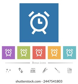 Alarm clock flat white icons in square backgrounds. 6 bonus icons included.