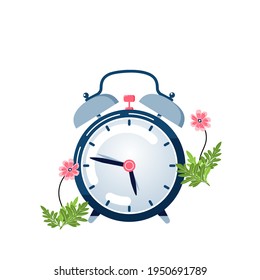 Alarm clock and floral decoration with pink flower. Flat design style. Simple icon. Modern flat icon in stylish colors.