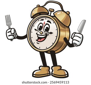 Alarm Clock with fork and knife,     Cartoon Character Mascot Illustration Vector Clip-art Hand-drawn Logo Design