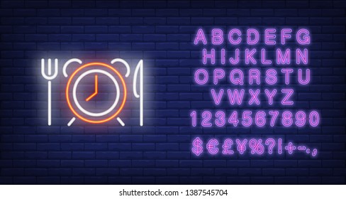 Alarm clock with fork and knife neon sign. Breakfast, morning concept. Advertisement design. Night bright neon sign, colorful billboard, light banner. Vector illustration in neon style.