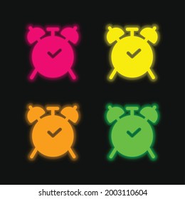 Alarm Clock four color glowing neon vector icon