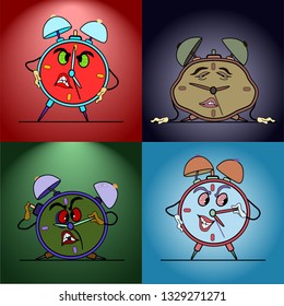 alarm clock, four different postures. funny, angry, drunk and asleep. funny caricature.