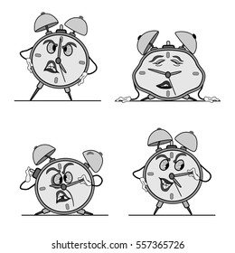 alarm clock, four different postures. funny, angry, drunk and asleep. funny caricature.
