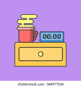Alarm clock and fragrant drink, tea and coffee, morning drink, vector image, flat design, outline style