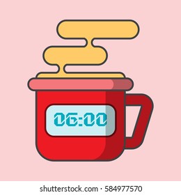Alarm clock and fragrant drink, tea and coffee, morning drink, vector image, flat design, outline style