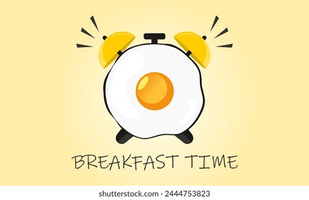 Alarm clock with fried egg. Breakfast time concept. Vector illustration.