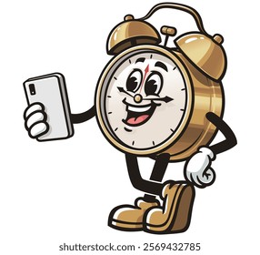 Alarm Clock with Gadget,      Cartoon Character Mascot Illustration Vector Clip-art Hand-drawn Logo Design