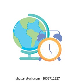 reloj de alarma e icono de la herramienta de geografía sobre fondo blanco, estilo plano, ilustración vectorial
