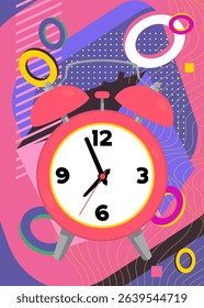 Alarm Clock geometrical graphic retro theme background. Minimal geometric elements. Vintage abstract shapes vector illustration.