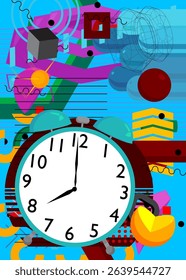 Alarm Clock geometrical graphic retro theme background. Minimal geometric elements. Vintage abstract shapes vector illustration.