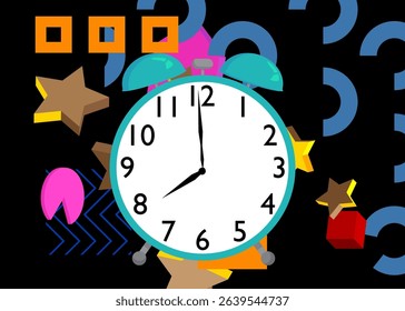 Alarm Clock geometrical graphic retro theme background. Minimal geometric elements. Vintage abstract shapes vector illustration.